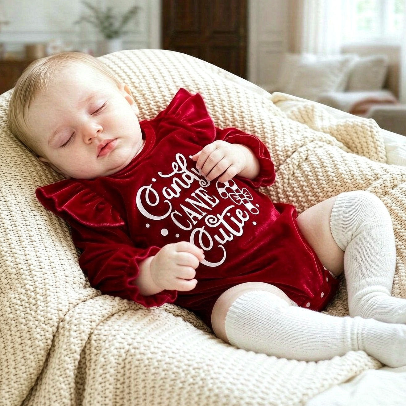 Christmas Candy Cane Cutie Letter Printed Long Sleeve Baby Romper