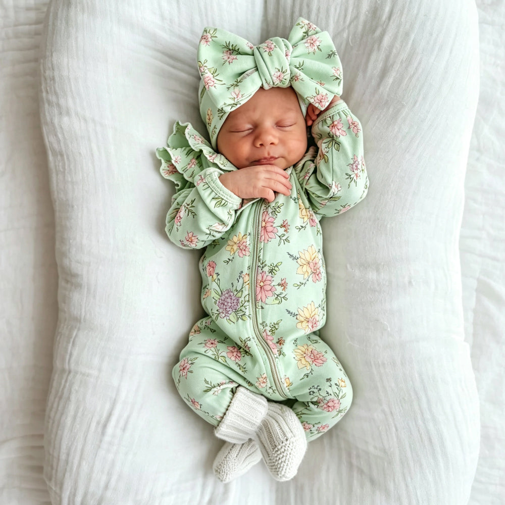2PCS Cheerful Floral Printed Long Sleeve Baby Girl Jumpsuit