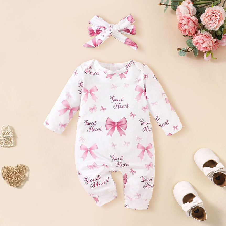 2PCS Sweet Heart Letter Bow Printed Long Sleeve Jumpsuit