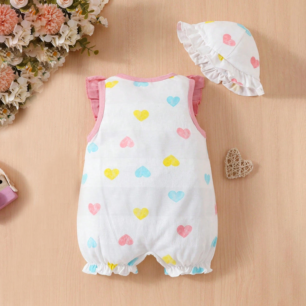 2PCS Cute Heart Printed Bow Decoration Sleeveless Baby Romper with Hat