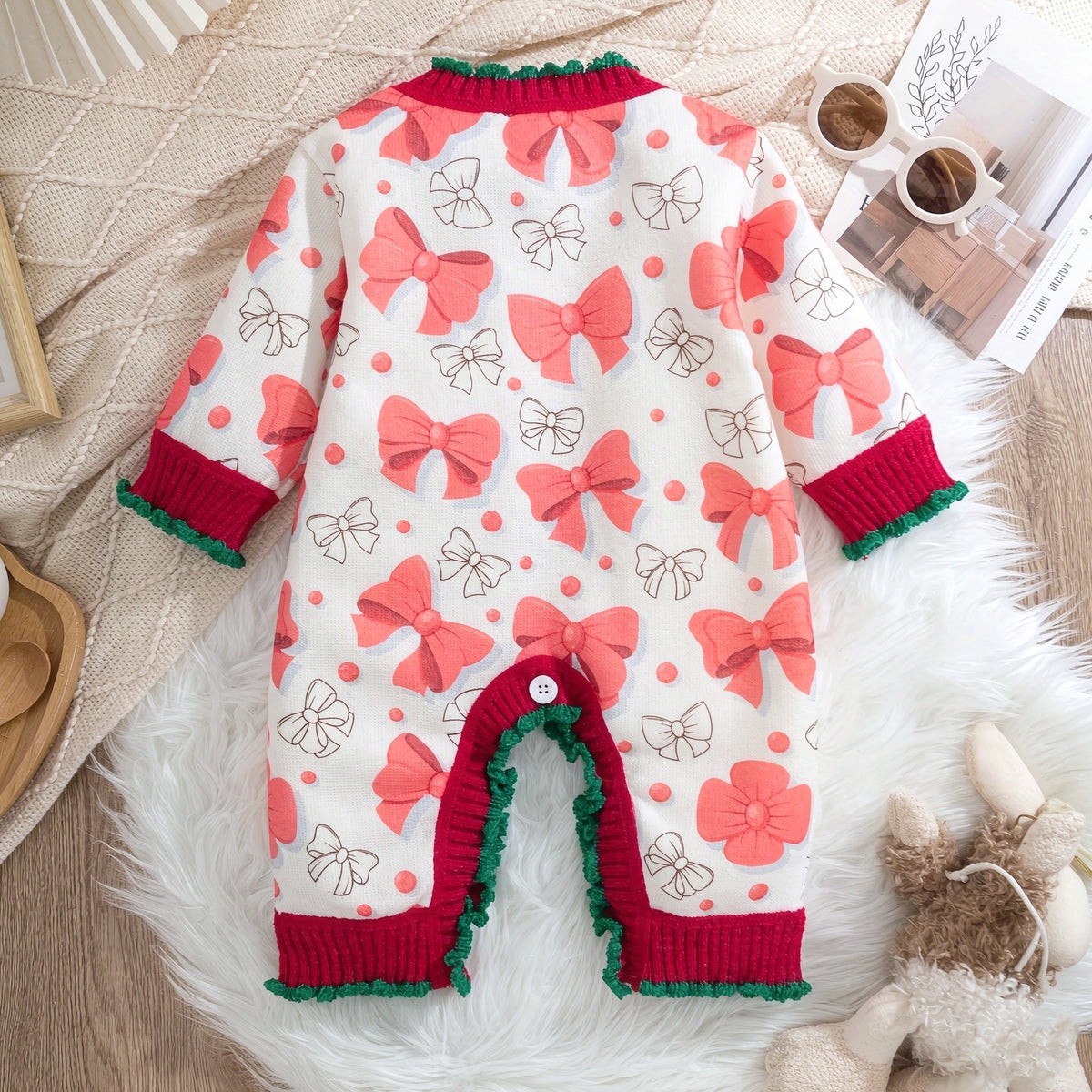 Pretty Bow Polka Dots Print Knit Long Sleeve Baby Girl Jumpsuit