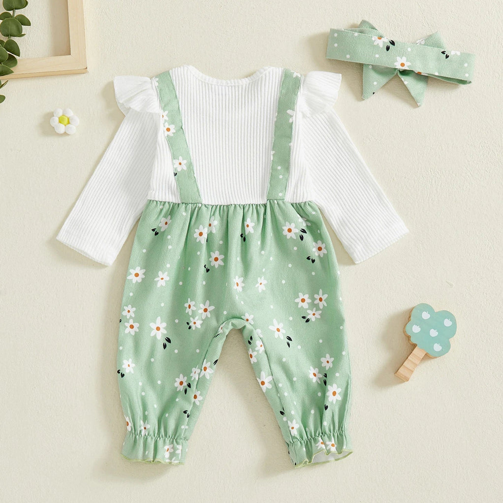 2PCS Fresh Daisy Printed Long Sleeve Baby Girl Jumpsuit