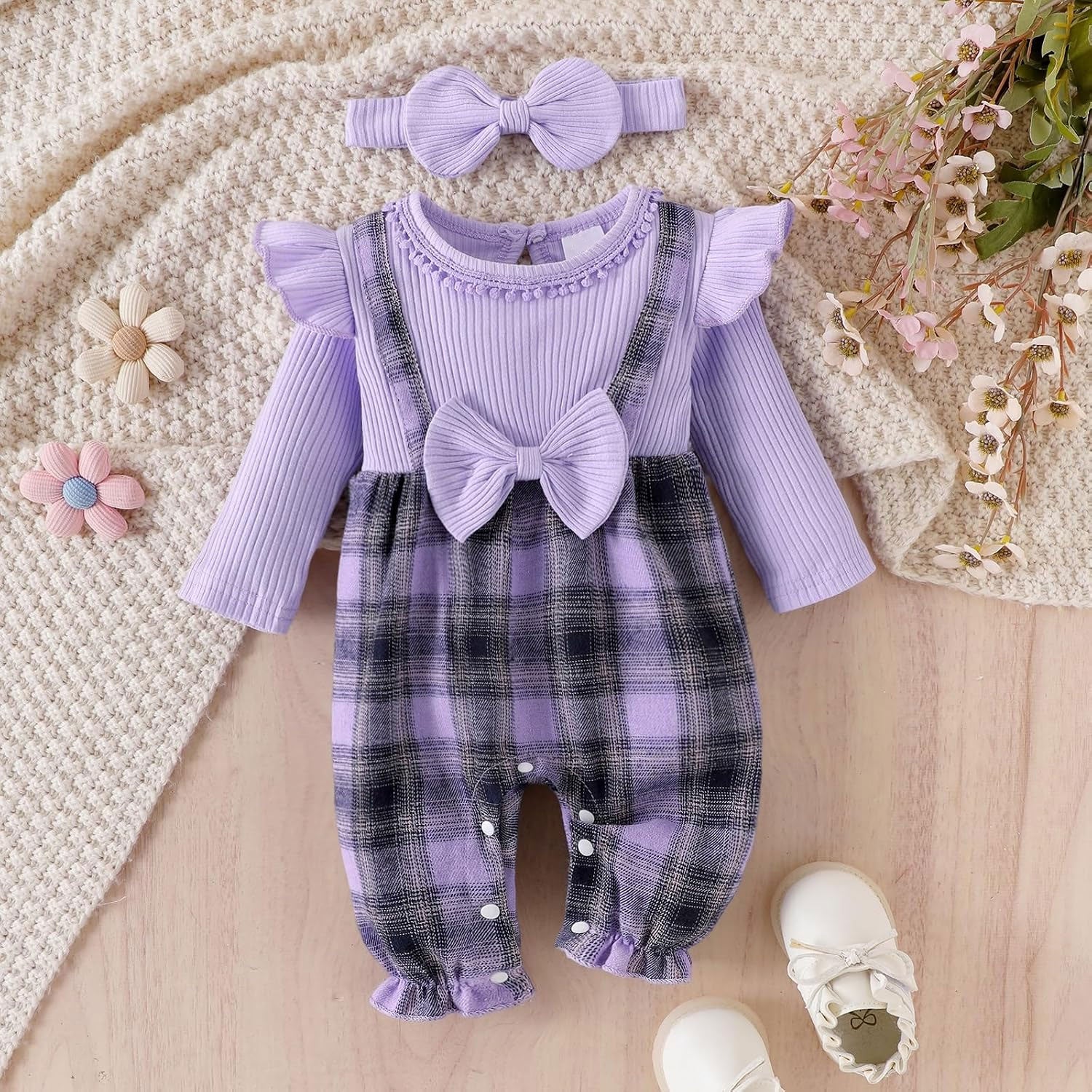 2PCS Timeless Plaid Printed Long Sleeve Baby Jumpsuit