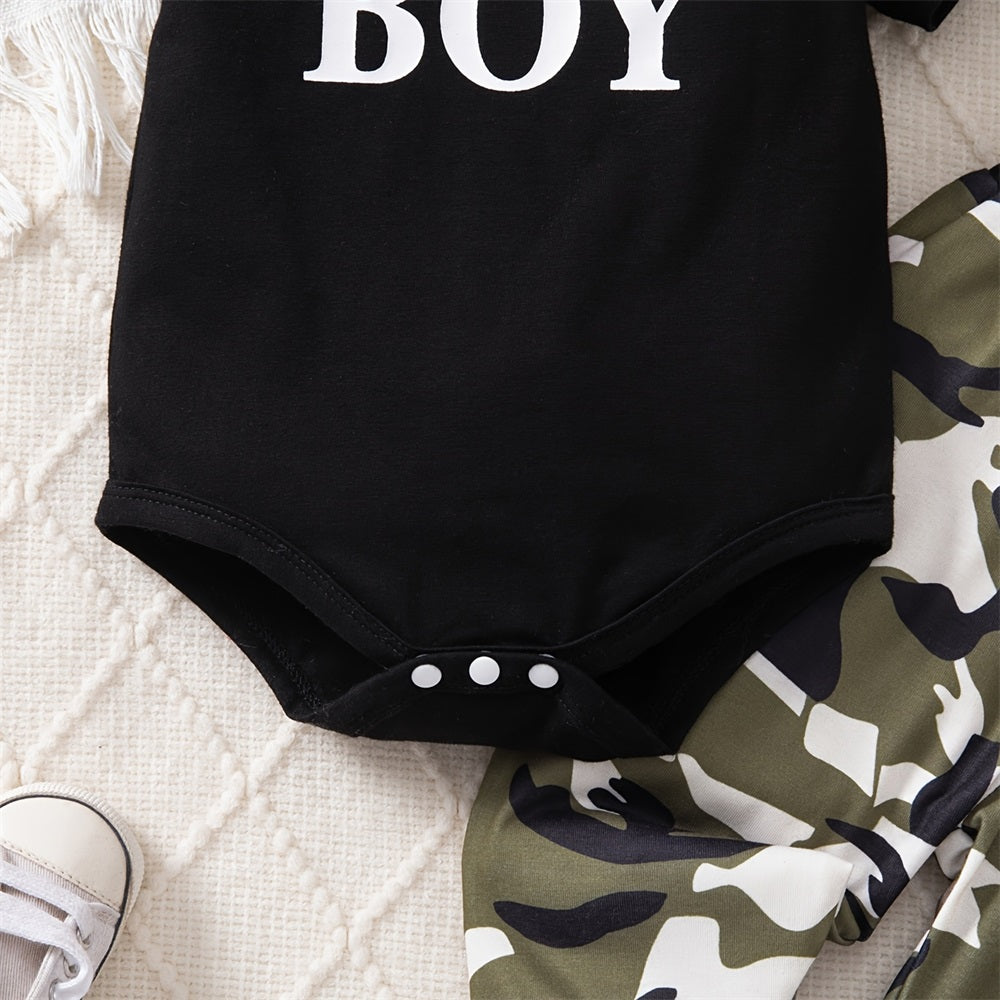 3PCS Daddy's Boy Letter Printed Short Sleeve Camouflage Baby Set