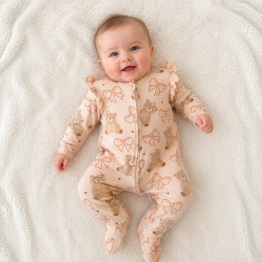 Charming Teddy Bear Bow Print Long Sleeve Baby Girl Zipper Jumpsuit