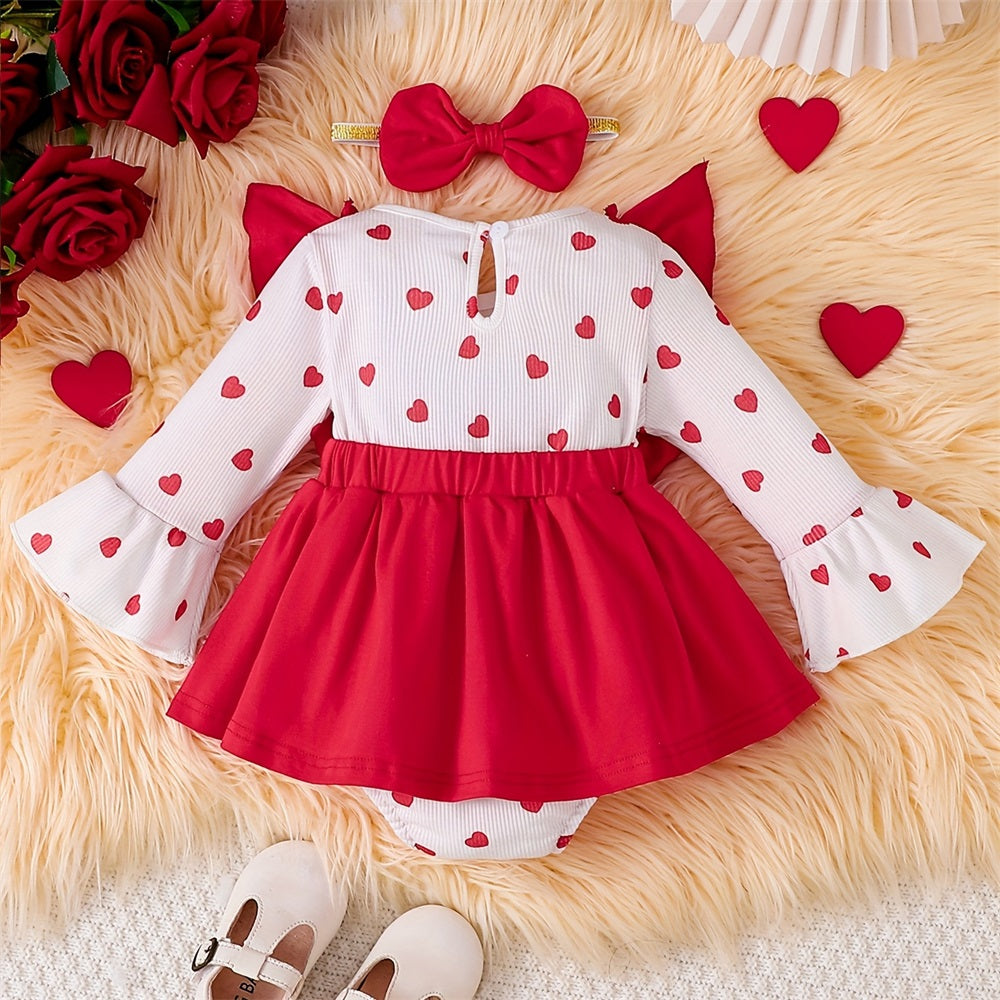 2PCS Cute Heart Print Ruffle Trim Long Sleeve Baby Romper