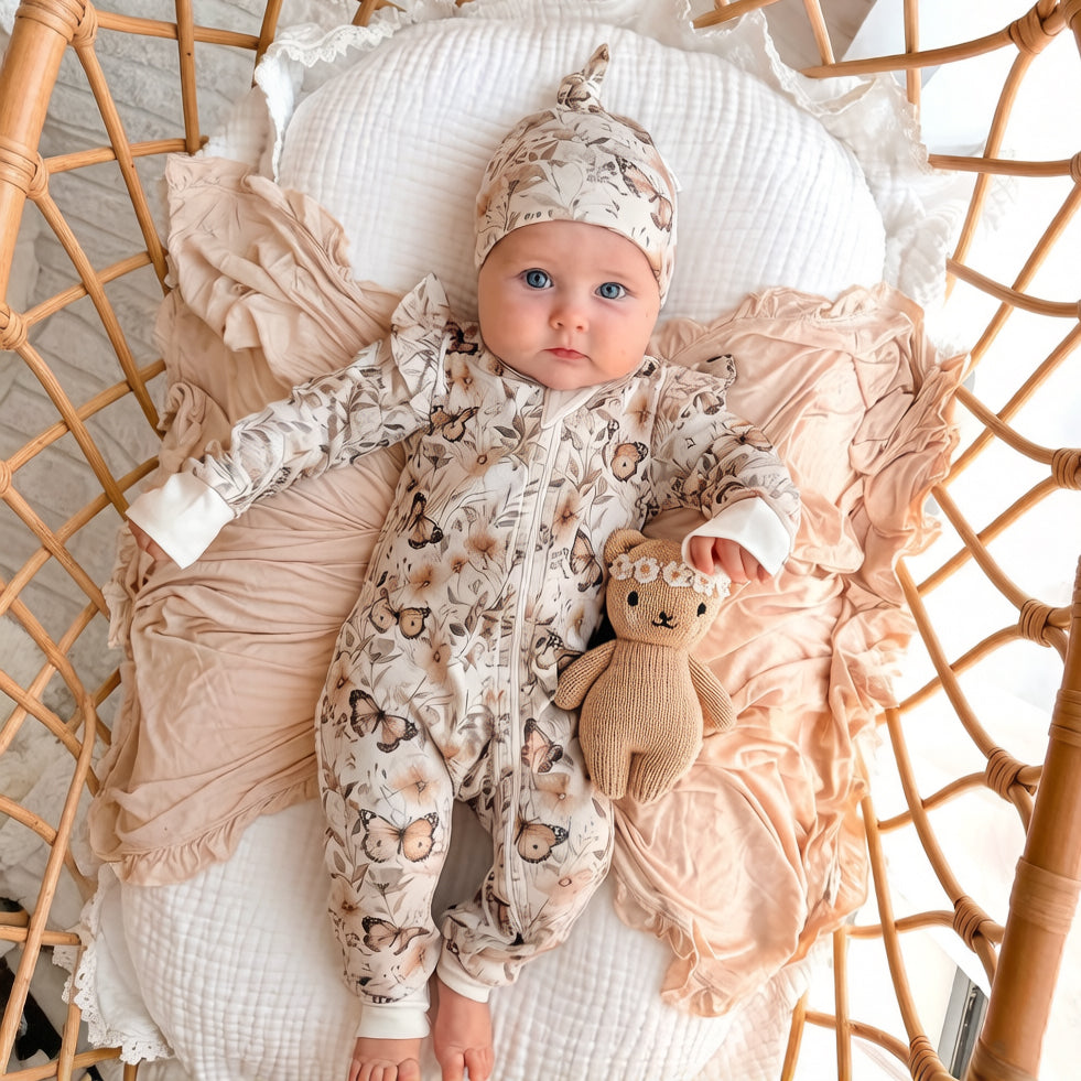 Sweet Butterfly Floral Print Long Sleeve Zipper Baby Jumpsuit