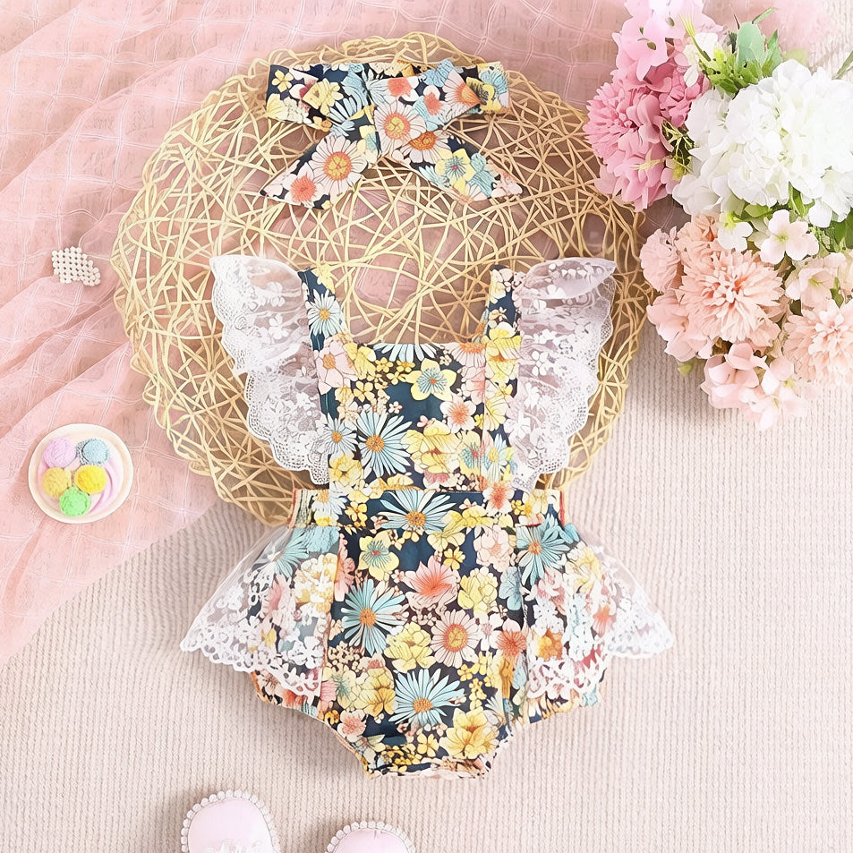 2PCS Romantic Floral Print Lace Flutter Sleeve Baby Romper