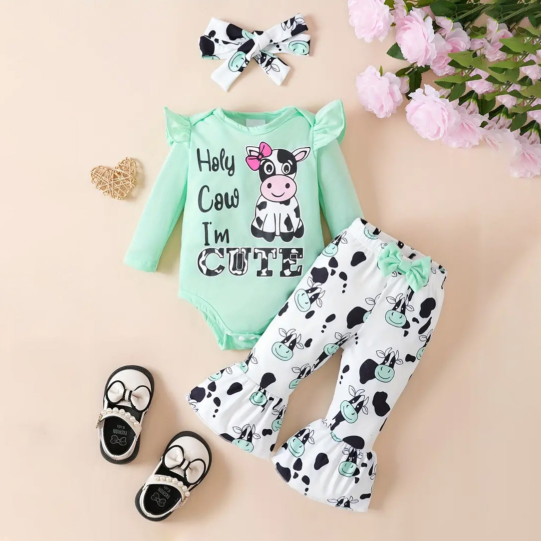 3PCS Holy Cow I'm Cute Letter Printed Long Sleeve Baby Set