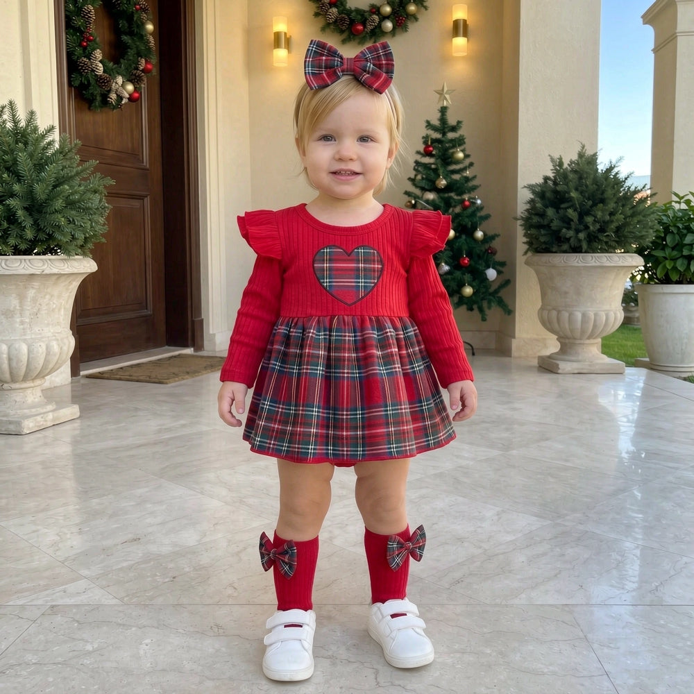3PCS Christmas Heart Plaid Printed Long Sleeve Baby Romper