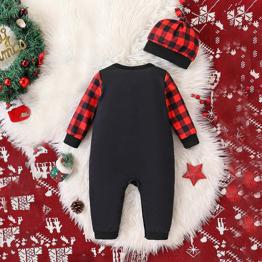 2PCS My 1st Christmas Letter Plaid Printed Bowknot Baby Jumpsuit