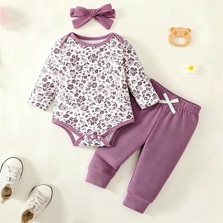 3PCS Dreamy Floral Printed Long Sleeve Baby Girl Set