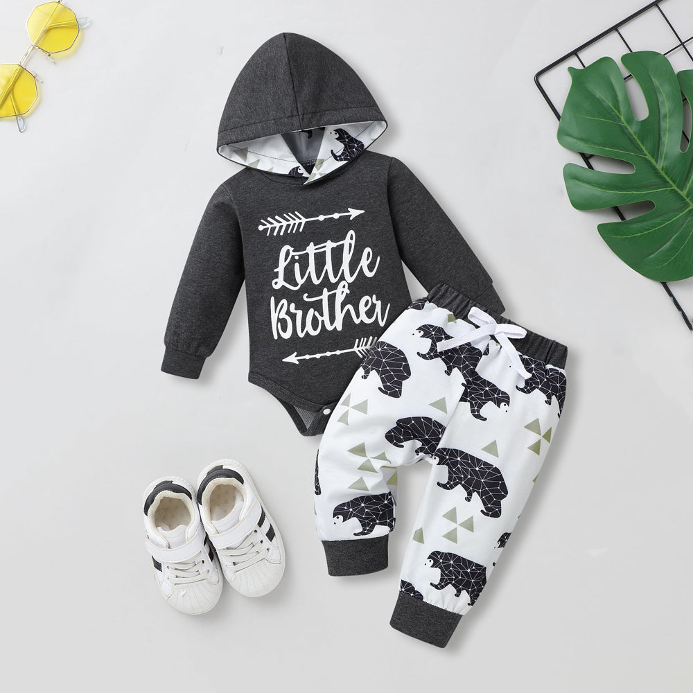 2PCS Little Brother Letter Pangolin Printed Long Sleeve Hoodie Baby Set