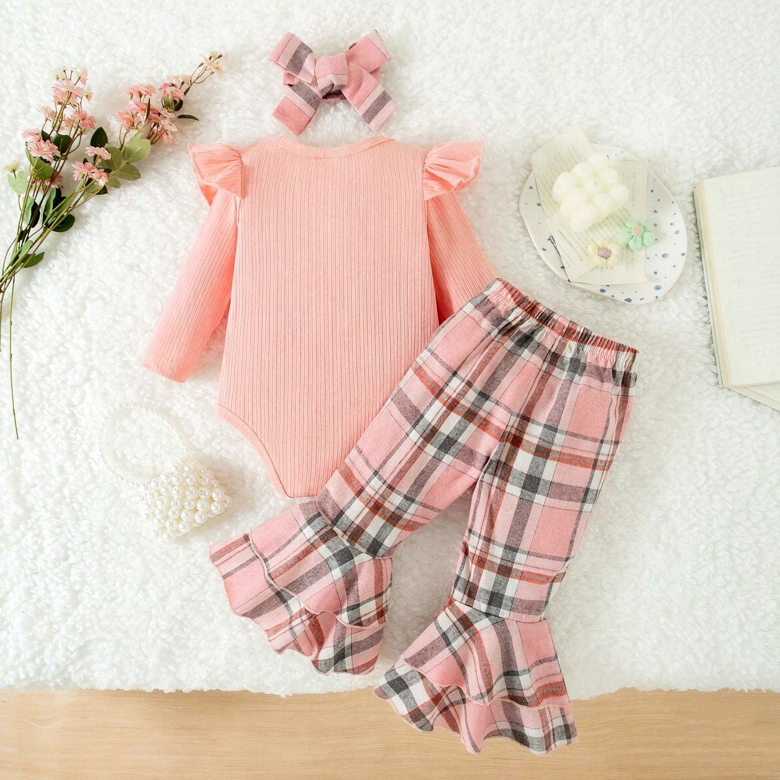 3PCS Cute Floral Appliqué Plaid Printed Long Sleeve Baby Set