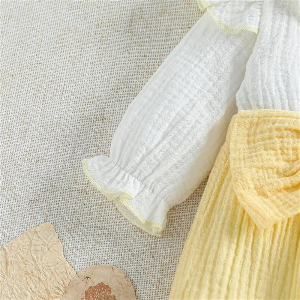 2PCS Ruffle Collar Long Sleeve Patchwork Yellow Bow Baby Jumpsuit