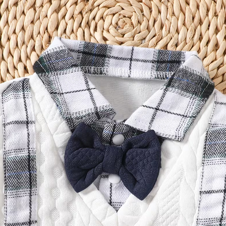 2PCS Cute Bear Applique Plaid Print Long Sleeve Baby Boy Set
