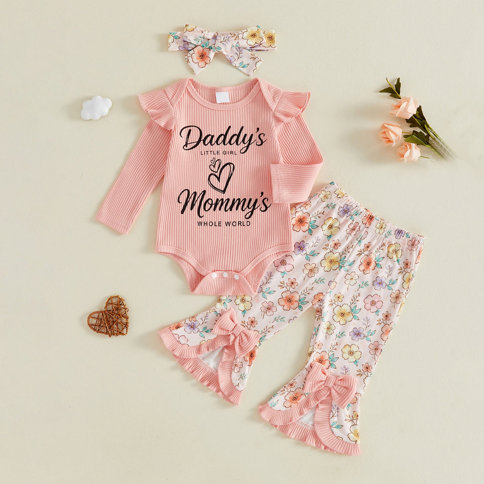 3PCS Daddy's Girl & Mommy's Word Letter Floral Print Baby Set