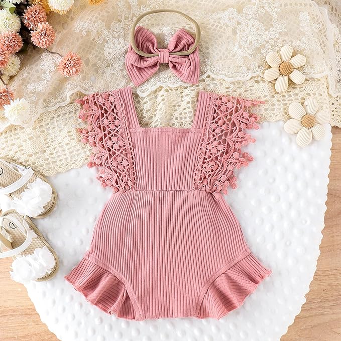 2PCS Solid Color Lace Ruffle Sleeveless Romper