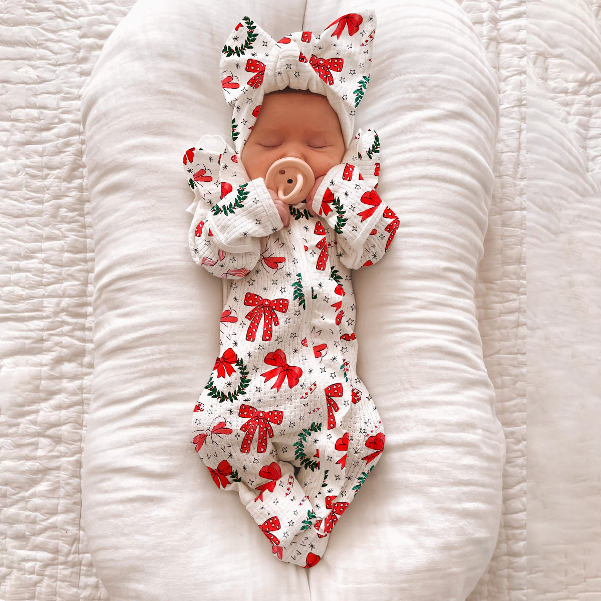 2PCS Pretty Christmas Bowknot Printed Zipper Long Sleeve Baby Jumpsuit