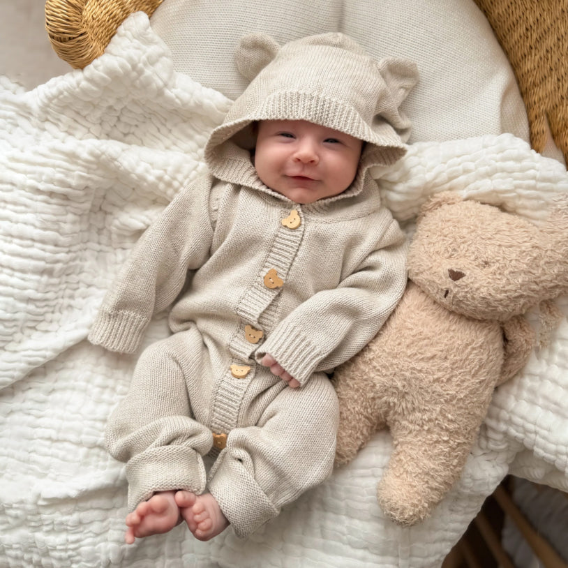 Solid Color Knit Long Sleeve Hoodie Baby Jumpsuit