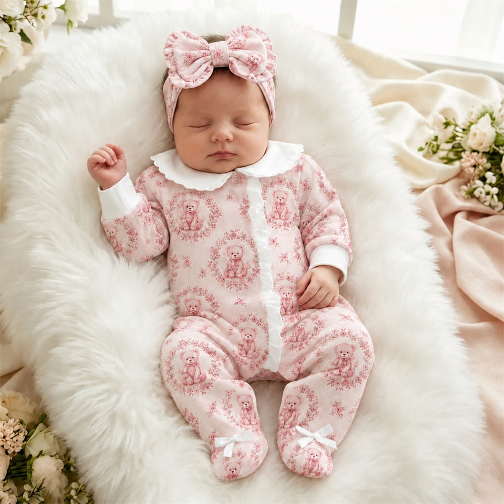 2PCS Cheerful Bear Floral Print Ruffle Baby Jumpsuit