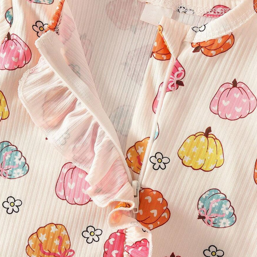 2PCS Halloween Pumpkin and Floral Printed Long Sleeve Zipper Baby Jumpsuit