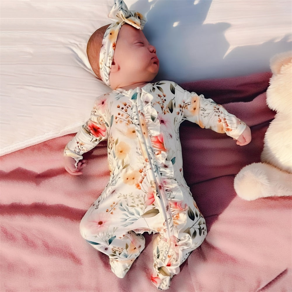 2PCS Stylish Floral Printed Ruffle Long Sleeve Baby Jumpsuit