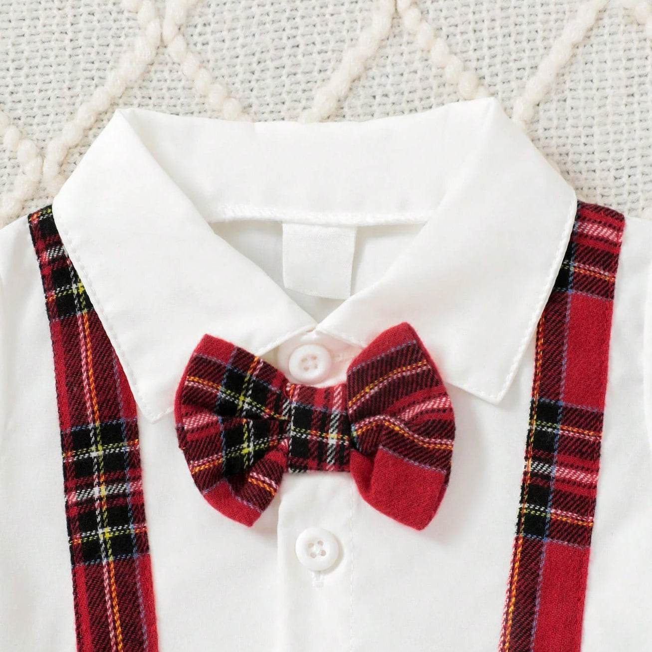 2PCS Christmas Plaid Printed Bowtie Lapel Gentleman Long Sleeve Baby Jumpsuit