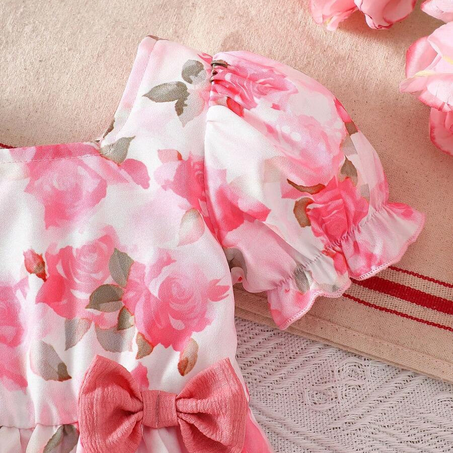 2PCS Vibrant Floral Print Bow Short Sleeve Baby Romper