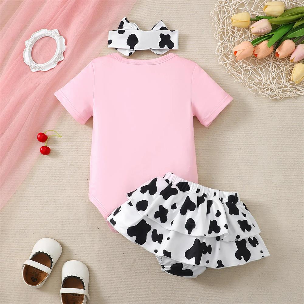 3PCS Cute Cow Print Short Sleeve Baby Girl Set