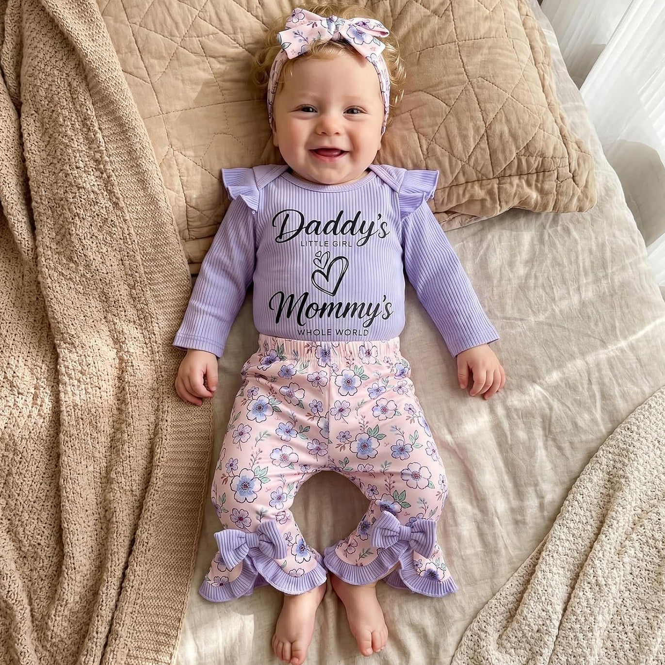 3PCS Daddy's Little Girl Mommy's Whole World Letter Floral Print Baby Set