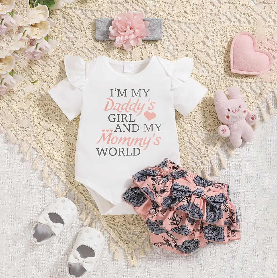 3PCS I'M My Daddy's Girl Letter Floral Printed Baby Set