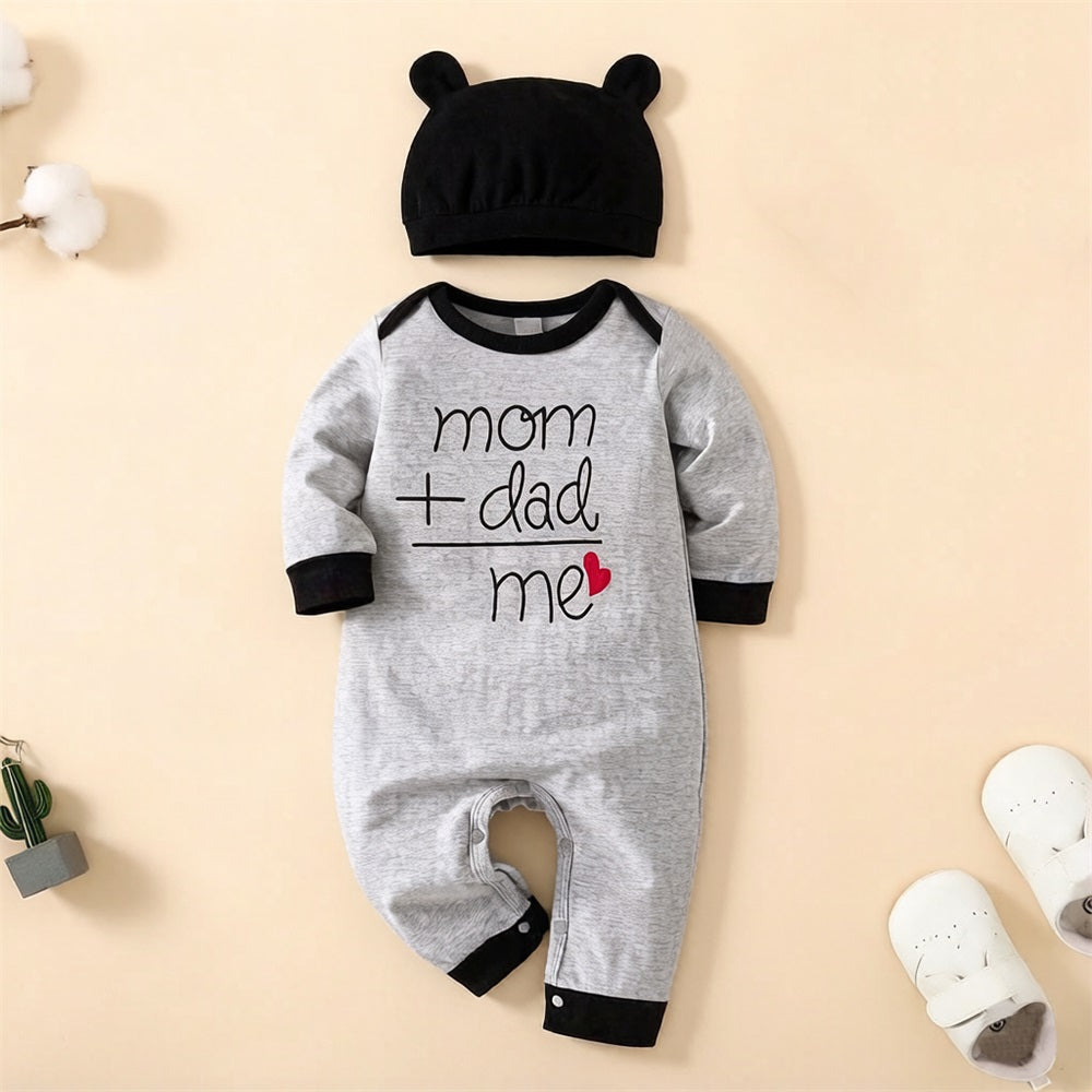 2PCS Mom+dad Love Me Letter Printed Long Sleeve Baby Jumpsuit