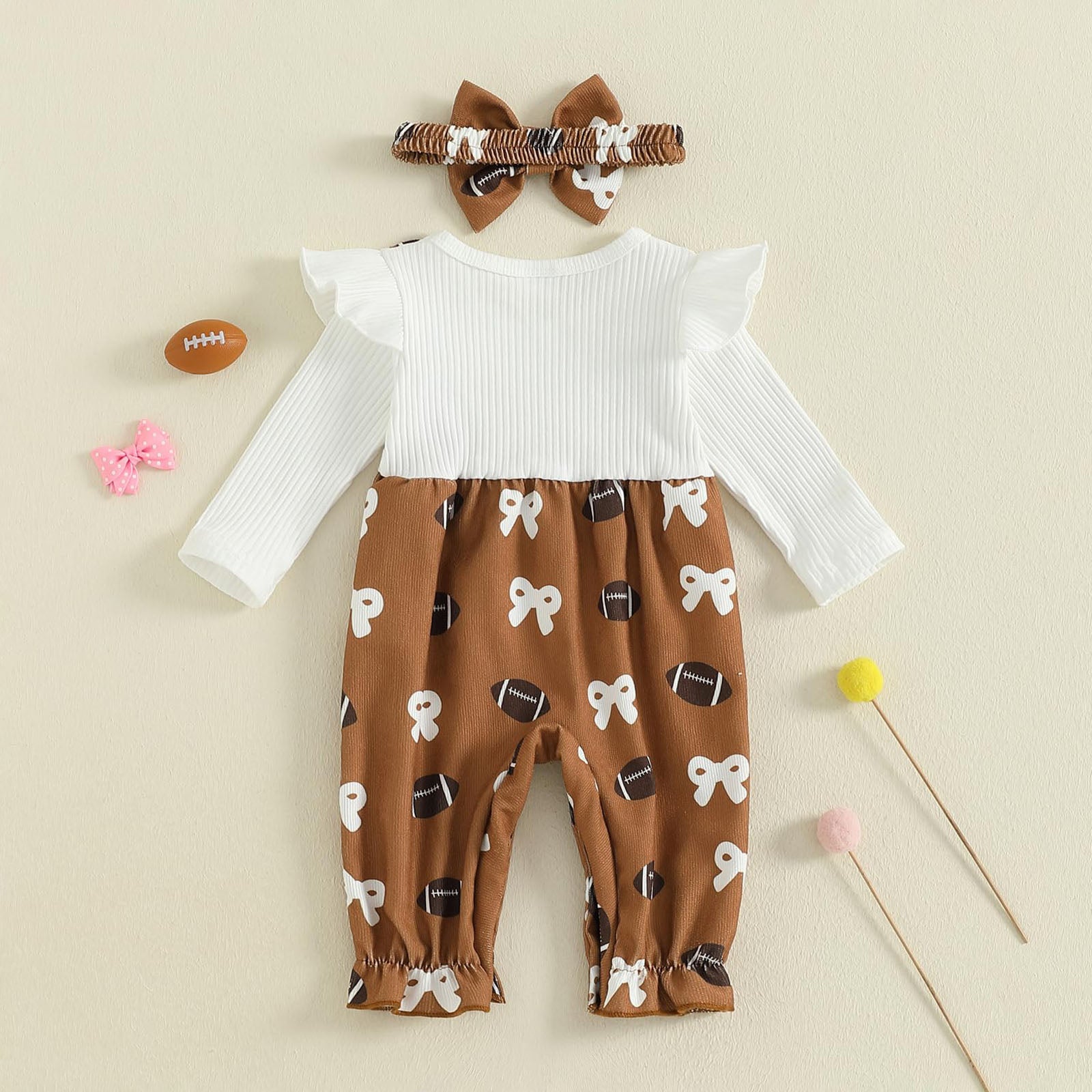 2PCS Baseball Bow Printed Long Sleeve Baby Jumpsuit