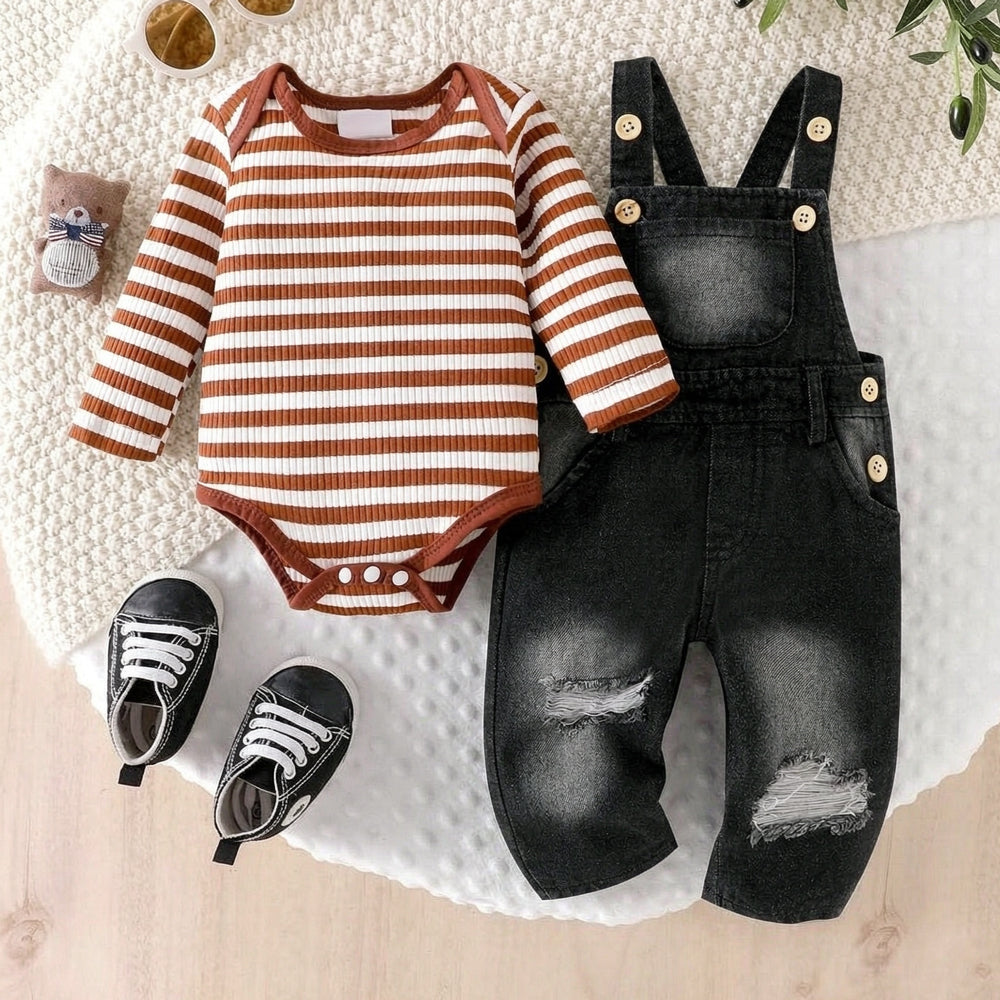 2PCS Stripe Printed Denim Overalls Baby Set