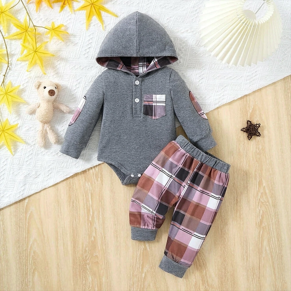 2PCS Plaid Print Long Sleeve Hoodie Baby Set