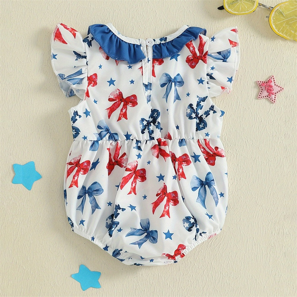 Cute Bow Printed Ruffled Collar Fly Sleeve Baby Romper