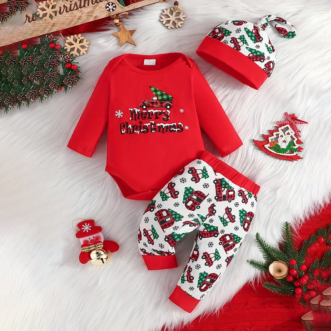 3PCS Merry Christmas Letter Printed Long Sleeve Baby Set