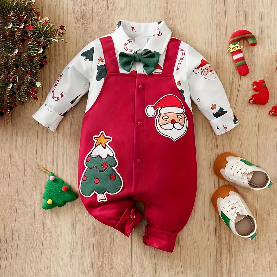 Cute Santa Claus and Tree Printed Fake Two Pieces Long Sleeve Baby Jumpsuit