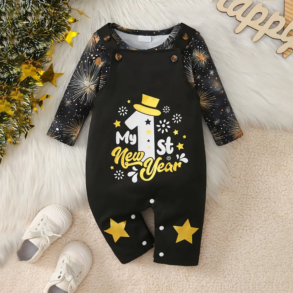 2PCS My 1st New Year Letter Fireworks Printed Overalls Baby Set
