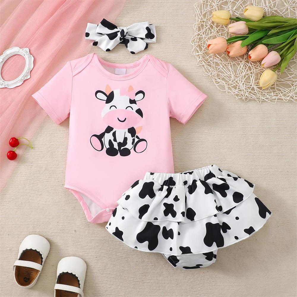 3PCS Cute Cow Print Short Sleeve Baby Girl Set