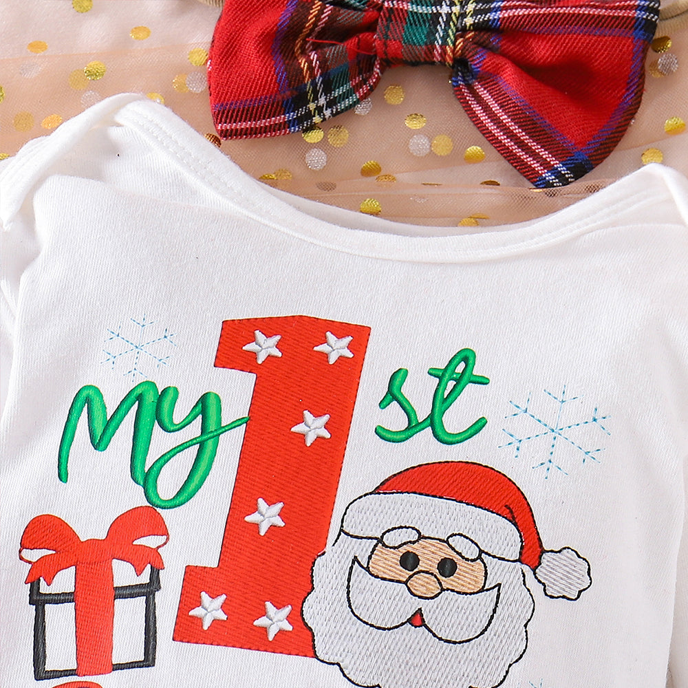 4 PCS Chic My 1st Christmas Letter Santa Plaid Print Baby Girl Set