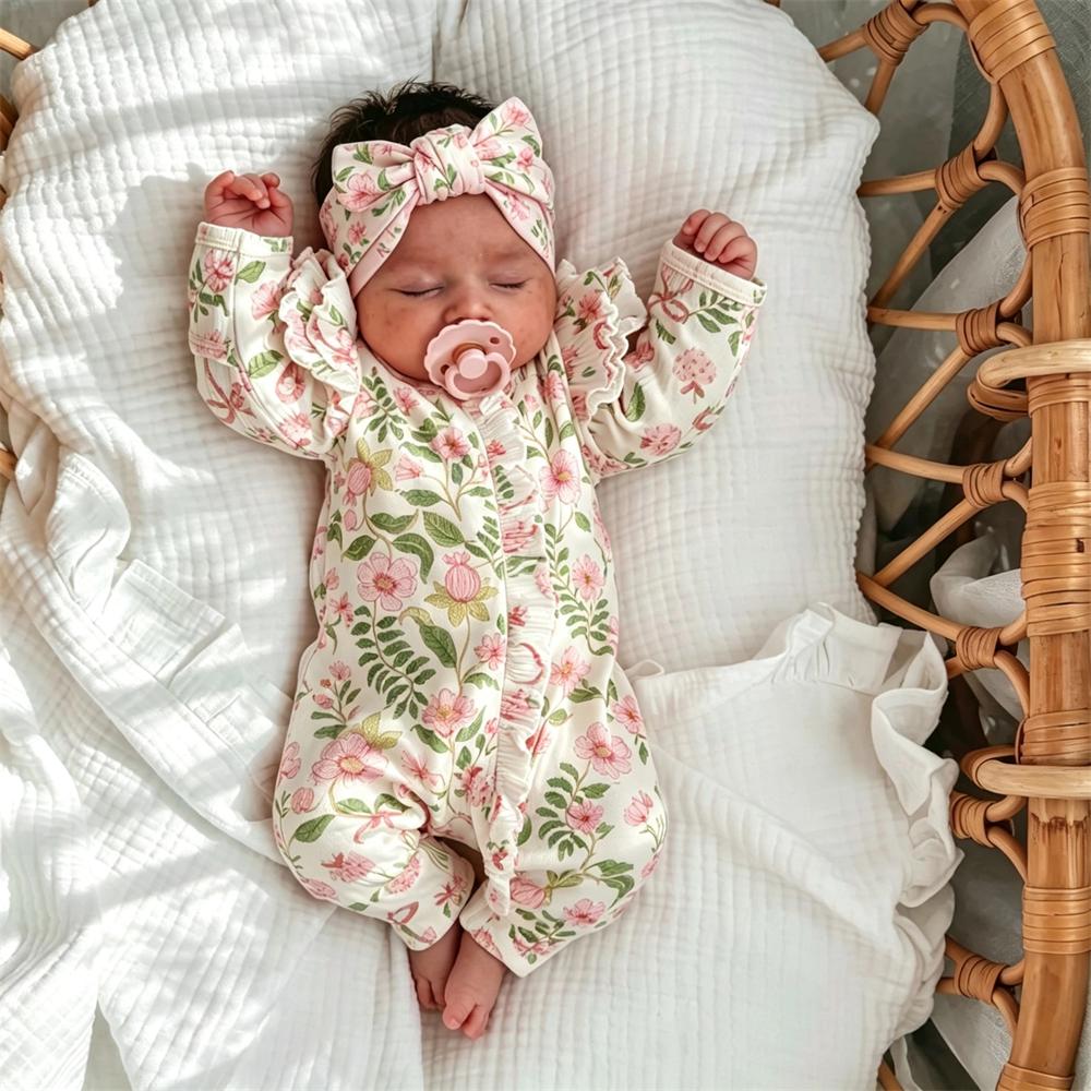 2PCS Cheerful Floral Printed Zipper Long Sleeve Baby Jumpsuit