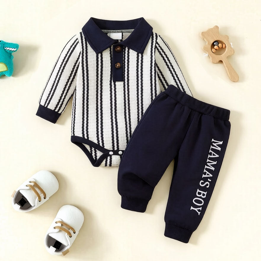 2PCS Chic Mama's Boy Letter Stripe Print Long Sleeve Baby Set