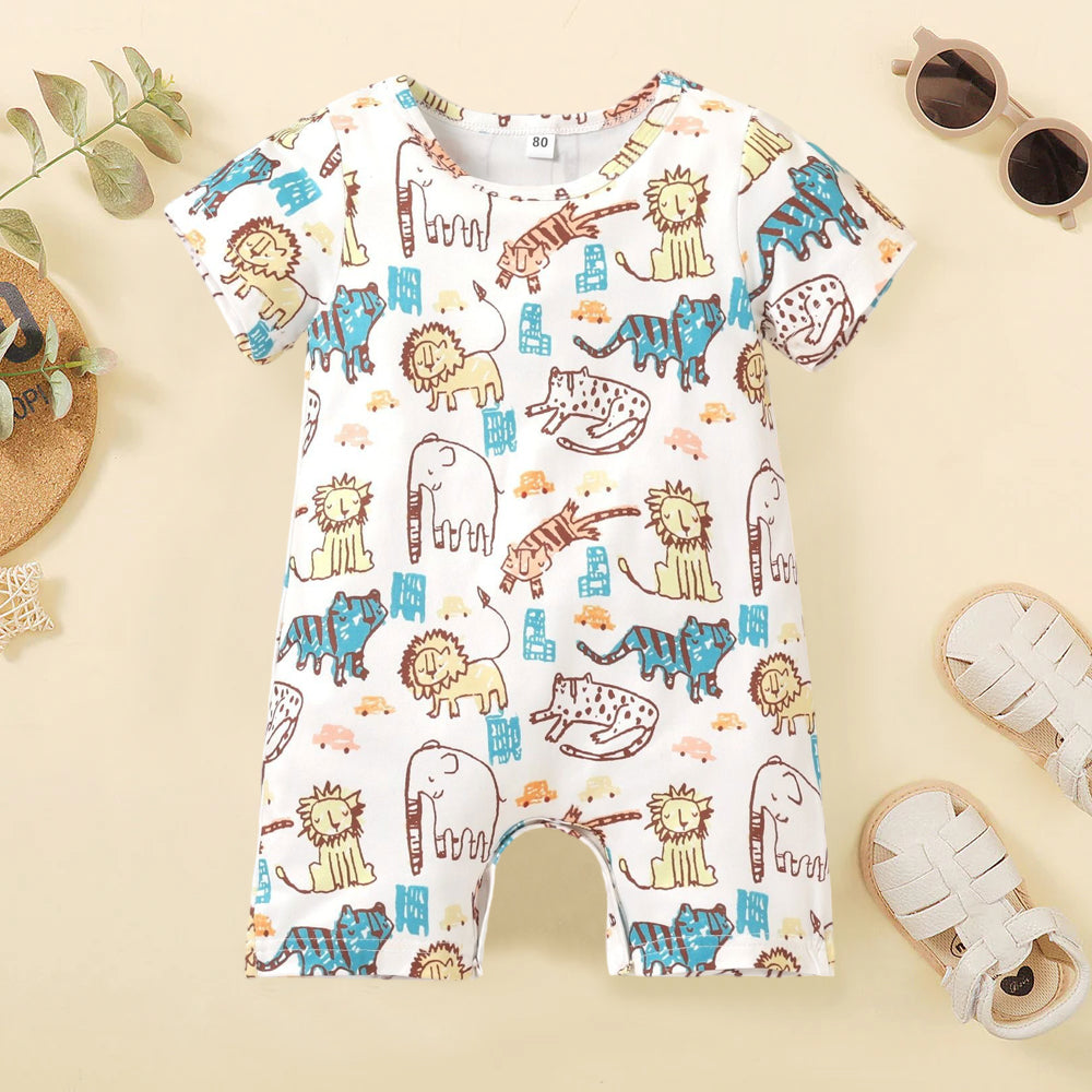 Adorable Cartoon Animals and Car Printed Short Sleeve Baby Jumpsuit