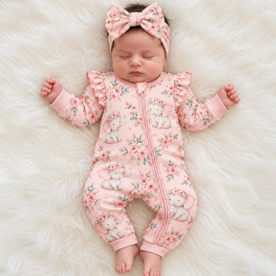 2PCS Lovely Elephant Floral Print Long Sleeve Baby Girl Zipper Jumpsuit