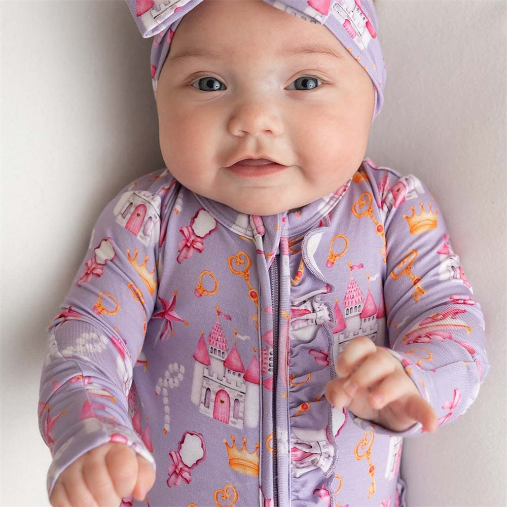 2PCS Dreamy Castle Print Frill Long Sleeve Baby Jumpsuit