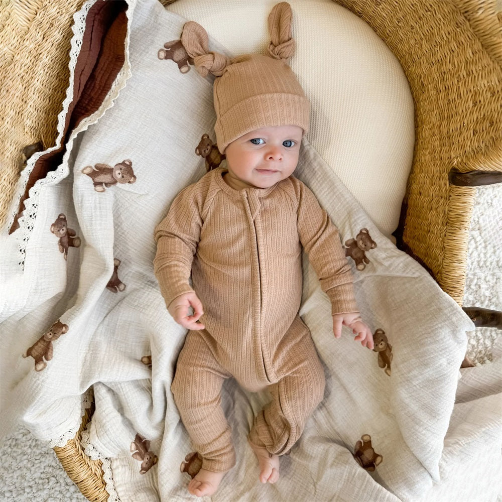 Comfy Solid Color Long Sleeve Zipper Baby Jumpsuit