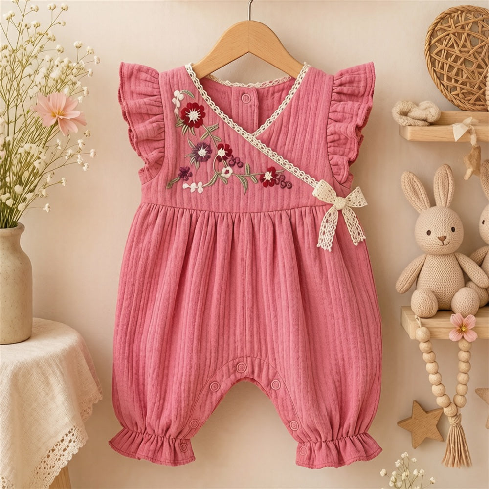 Cheerful Floral Embroidery Flutter Sleeve Baby Jumpsuit