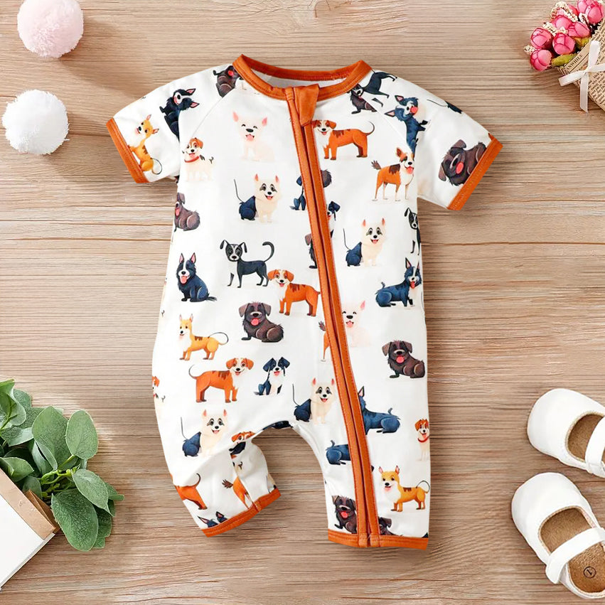 Cute All Over Dogs Printed Short Sleeve Baby Jumpsuit
